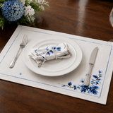 Luxury Embroidered Table Runner – White with Blue Floral Detailing - The Linen House