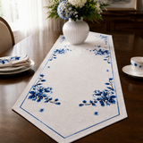 Luxury Embroidered Table Runner – White with Blue Floral Detailing - The Linen House