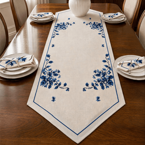 Luxury Embroidered Table Runner – White with Blue Floral Detailing - The Linen House