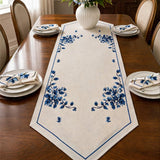Luxury Embroidered Table Runner – White with Blue Floral Detailing - The Linen House