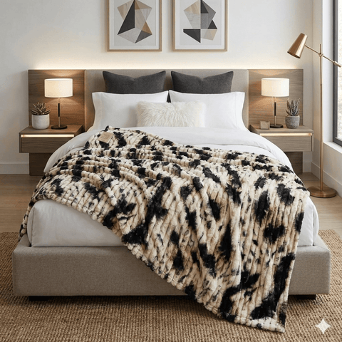 Luxury Faux Fur Throw Blanket – Black & Cream Pattern - The Linen House