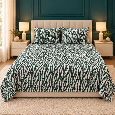 Luxury Green & White Zebra Fleece Bedsheet Set - The Linen House