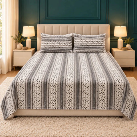 Luxury Grey & White Leopard Speckle Stripe Fleece Bedsheet Set - The Linen House