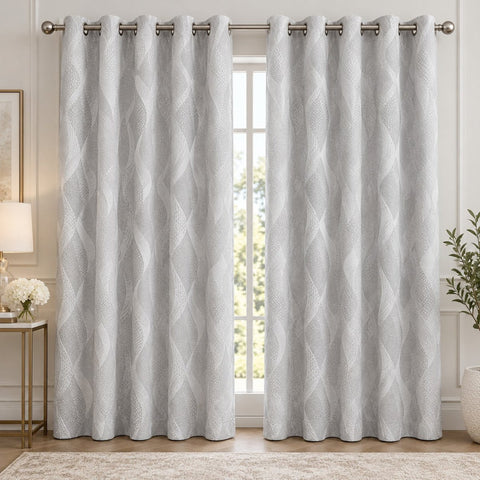 Luxury Light Grey Wave Jacquard Eyelet Printed Curtains – Pack of 2 - The Linen House