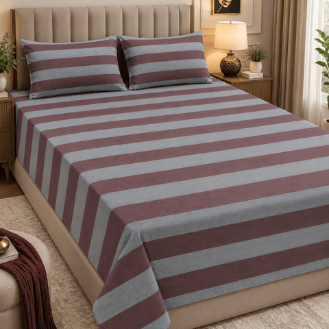 Luxury Maroon & Grey Stripe Printed Bed Sheet - The Linen House