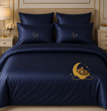 Luxury Moon & Teddy Embroidered Bedding Set – Navy Blue