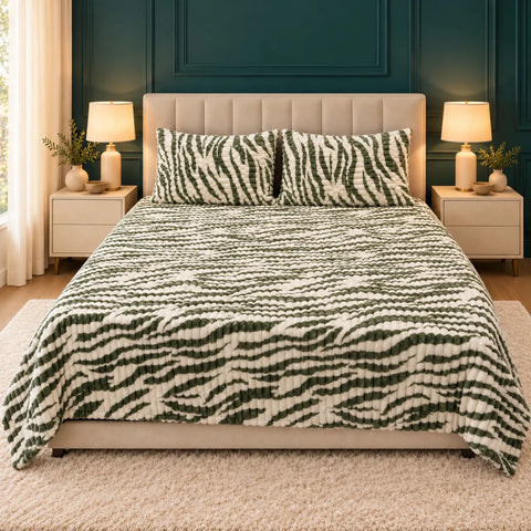 Luxury Olive Green & White Zebra Fleece Bedsheet Set - The Linen House
