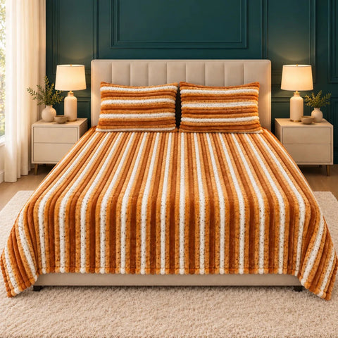 Luxury Orange & White Stripe Fleece Bedsheet Set - The Linen House