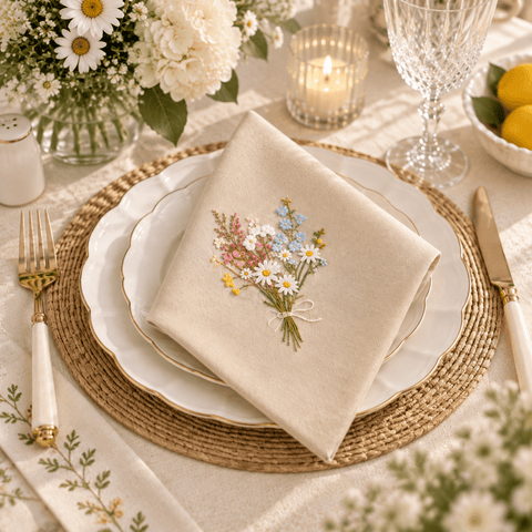 Luxury Plain Cotton Napkin with Wildflower Embroidery - The Linen House