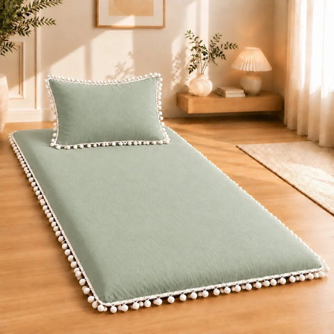 Luxury Pom Pom Lace Floor Mattress with Pillow Set - The Linen House