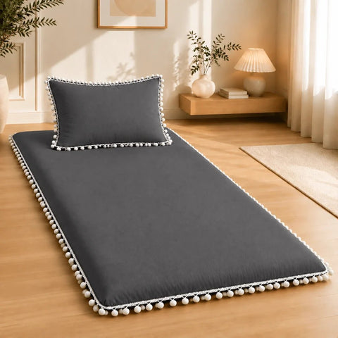 Luxury Pom Pom Lace Floor Mattress with Pillow Set - The Linen House