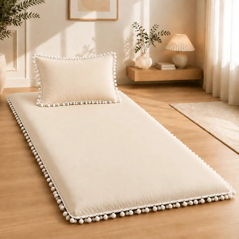 Luxury Pom Pom Lace Floor Mattress with Pillow Set - The Linen House
