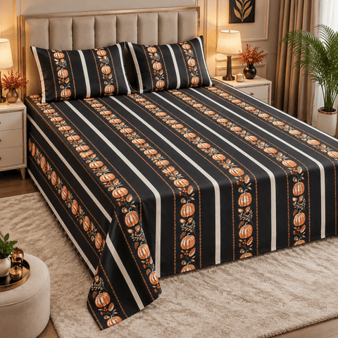Luxury Pumpkin Garden Printed Bed Sheet - The Linen House