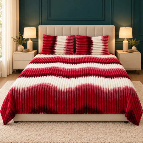 Luxury Red & White Stripe Fleece Bedsheet Set - The Linen House
