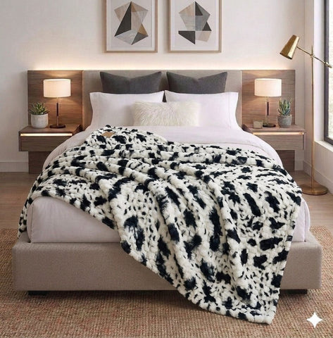 Luxury Reversible Faux Fur Throw Blanket – Black & White Animal Print Pattern - The Linen House