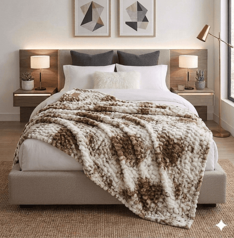 Luxury Reversible Faux Fur Throw Blanket – Brown & Cream Cloud Pattern - The Linen House