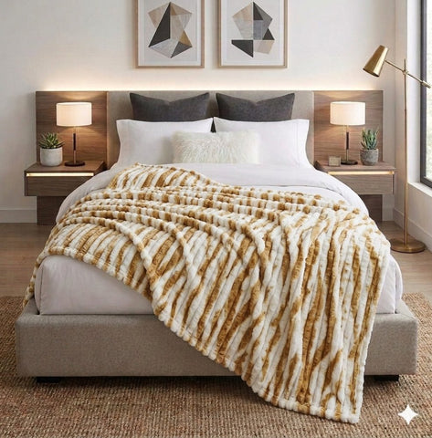 Luxury Reversible Faux Fur Throw Blanket – Camel & White Pattern - The Linen House