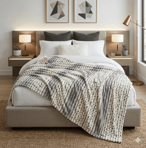 Luxury Reversible Faux Fur Throw Blanket – Grey & Black Pattern - The Linen House