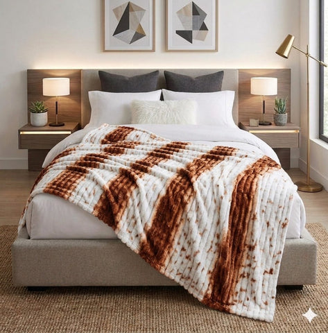 Luxury Reversible Faux Fur Throw Blanket – Rust & White Pattern - The Linen House