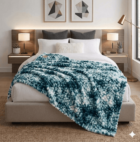 Luxury Reversible Faux Fur Throw Blanket – Teal & White Cloud Pattern - The Linen House