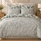 Luxury Sage Green 6-Piece 2-in-1 Duvet Set – Leaf Jacquard & Printed Cotton Reverse - The Linen House