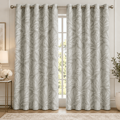 Luxury Sage Green Leaf Jacquard Eyelet Printed Curtains – Pack of 2 - The Linen House
