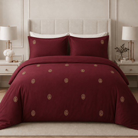 Maroon Gold Paisley Medallion Embroidered Duvet Cover Set - The Linen House