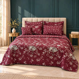 Maroon & Grey Rose Floral 7 Pcs Bedspread Set - The Linen House