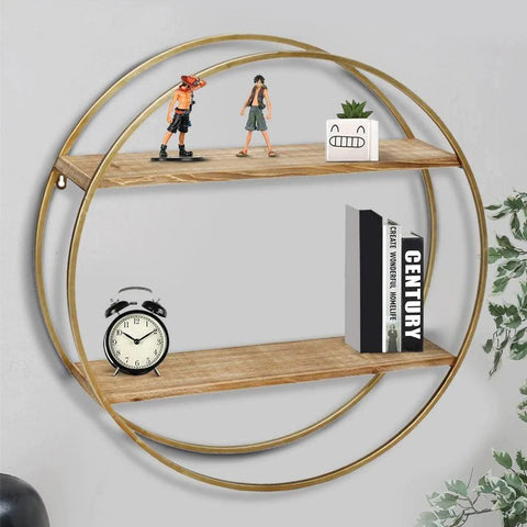 MDF Metal Wall Shelf with 2 Open Shelves, Brown and Gold - The Linen House