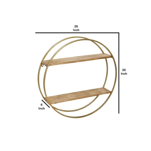 MDF Metal Wall Shelf with 2 Open Shelves, Brown and Gold - The Linen House