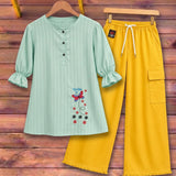 Mint Green Butterfly Embroidered Baggy Two Piece Suite - The Linen House