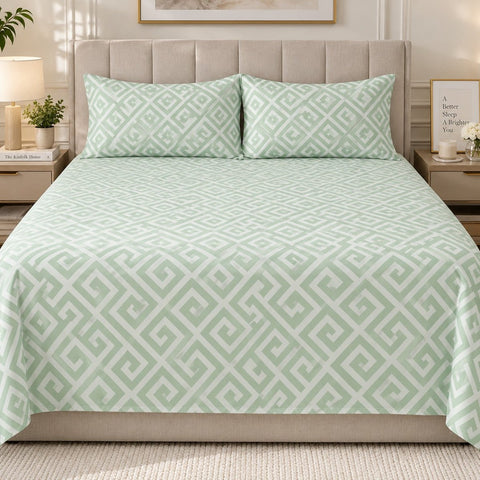 Mint Green Geometric Print Bedsheet – King Size - The Linen House