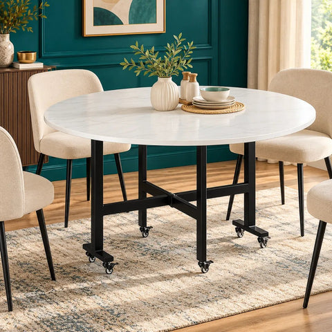 Mobile Folding Dining Table with 6 Wheels, Marble Texture Table Top - The Linen House