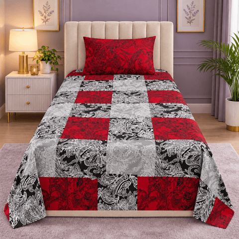 Modern Black Red Floral Print Single Bedsheet (Pack of 2) - The Linen House