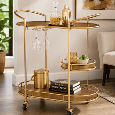 Modern Gold & Wood Bar Cart - The Linen House
