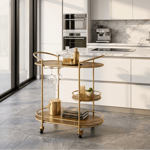 Modern Gold & Wood Bar Cart - The Linen House