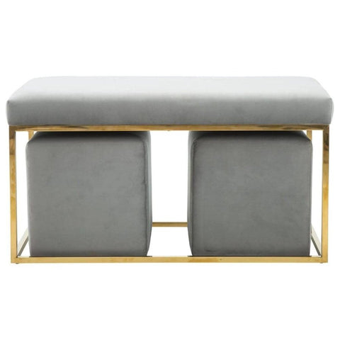 Modern Grey Velvet Upholstered Bench with Iron Gold Base - The Linen House