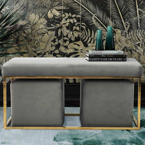 Modern Grey Velvet Upholstered Bench with Iron Gold Base - The Linen House