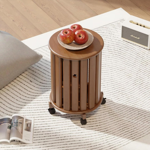 Modern Round Wooden Side Table with Wheels – Space-Saving Mobile End Table - The Linen House