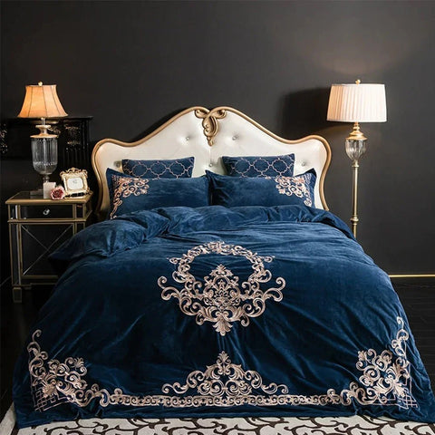 Modern Style Luxury Embroidered Velvet Duvet (Navy) - The Linen House