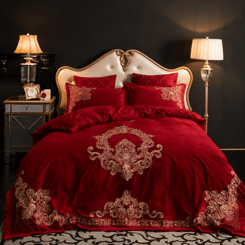 Modern Style Luxury Embroidered Velvet Duvet (Red) - The Linen House