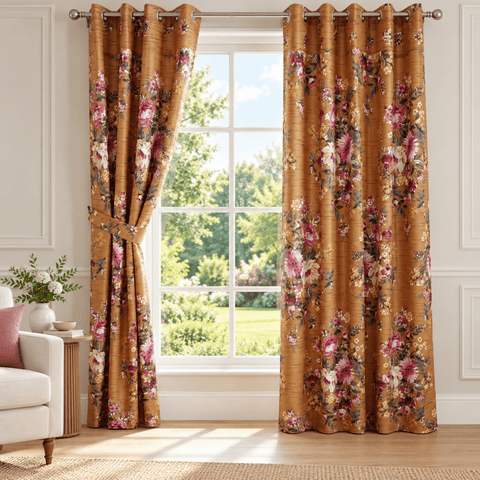 Mustard Pink Floral Printed Curtain - The Linen House