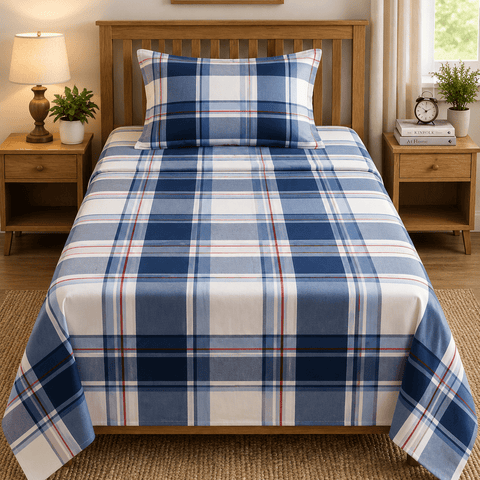 Navy Blue Check Print Kids Bedsheet - The Linen House