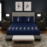 Navy Blue Feather Embroidered 3-Piece Bedsheet Set - The Linen House