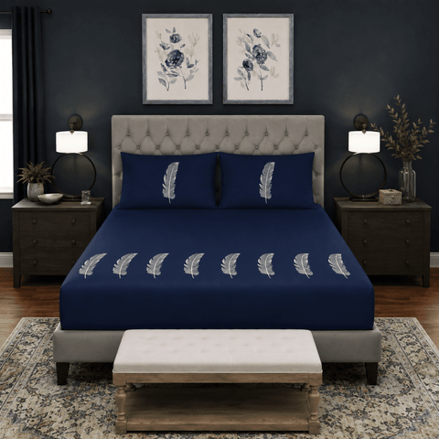 Navy Blue Feather Embroidered 3-Piece Bedsheet Set - The Linen House