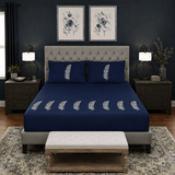 Navy Blue Feather Embroidered 3-Piece Bedsheet Set