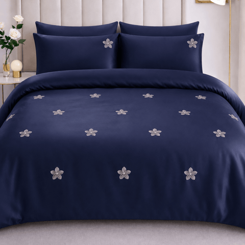 Navy Blue Floral Embroidered Bedding Set - The Linen House