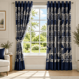 Navy Blue Geometric Square Printed Curtain - The Linen House