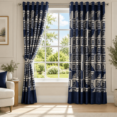 Navy Blue Geometric Square Printed Curtain - The Linen House
