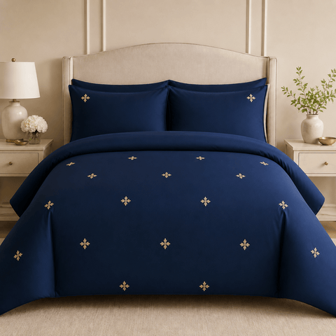 Navy Blue Gold Floral Embroidered Duvet Cover Set - The Linen House